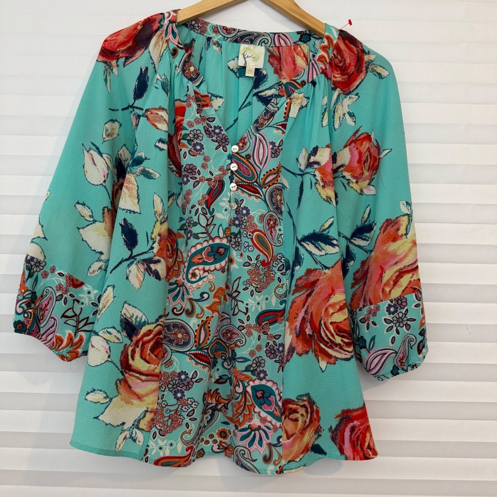 Fig and Flower Teal Floral Paisley 3/4 Sleeve Blouse Top M Boho Hippie Colorful
